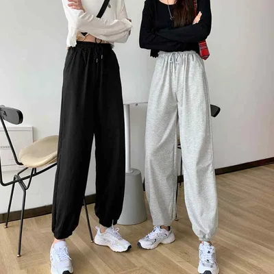 レディース 黒 グレー 春秋 秋冬 ワイドパンツ クロップドパンツ スポーツパンツ 運動着 ゆったり ワイドレッグ ハイウエスト ストレート 長ズボン 長パン 束脚 脚口ゴム ポリエステル ポリ 伸縮性 微弾力 軽量 通勤用 普段使い 部屋着 アウトドア