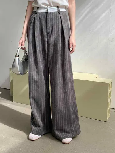 レディース ワイドパンツ ストライプ柄 ハイウエスト 直筒 長ズボン 切り替え 灰色 ポリエステル 通勤用 気質 韓国風 ゆったり シルエット ノンストレッチ 免燻 春 スタイル