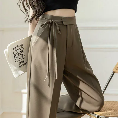 レディース ワイドパンツ 高腰 ベルト付き ストレートパンツ ロング丈 黒 ベージュ ピンク系 通勤 普段使い 気質 綿混 ポリエステル 切り替え 垂感 軽量 伸縮性 春夏 秋冬 通年