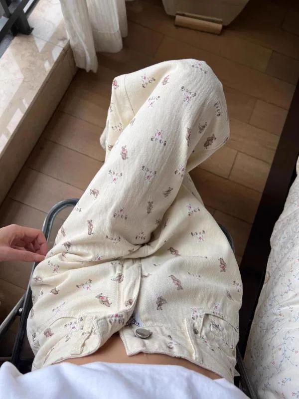 ストレートパンツ 女性用 デニム 綿混 接触冷感 薄手 高腰 ワイドレッグ 春季 かわいい小熊プリント ホワイト ポケット付き ゆったりシルエット 日常使い カジュアルスタイル
