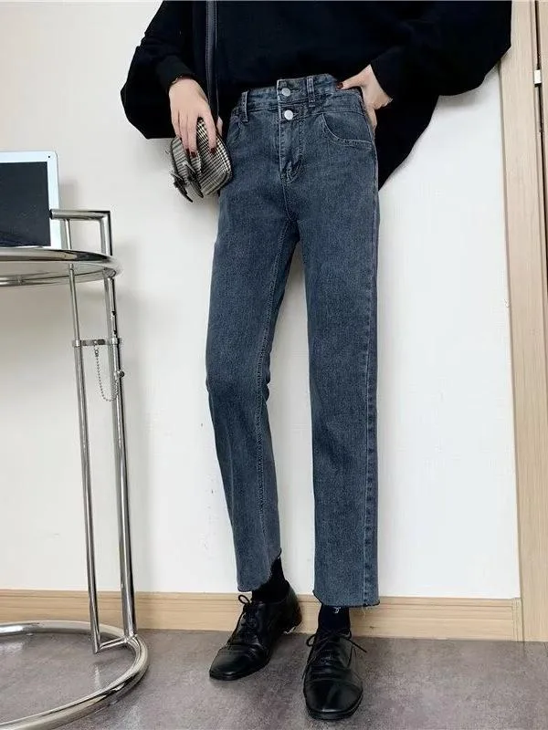 Women's Denim Pants Wide Leg High Waist Straight Long Length Below Knee Length Blue Cotton Polyester Blend Mid Weight Non-Stretch Loose Silhouette Slim Effect Easy to Coordinate with Fall/Winter/Spring Street Style Iconic Big Silhouette