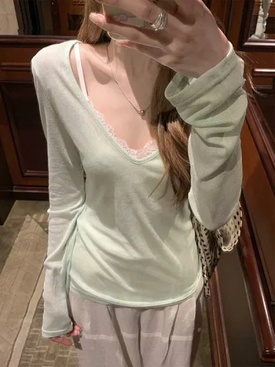 Vネック 長袖 防晒 Tシャツ トップス 女性用 緑 薄手 修身 切り替え 透視 ポリエステル 接触冷感 吸湿速乾 韓系 カジュアル レイヤード 春夏 普段使い 軽量 伸縮性