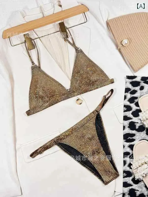 レディース ビキニ 水着 高腰 セパレート 純色 ラメ セクシー バックレス 接触冷感 ポリエステル 無鋼ブラ 胸パッド ゴールド シルバー ブルー グリーン パープル ダンス スイム トライアングルボトム 夏 ビーチ プール アクティブ 軽量 伸縮性