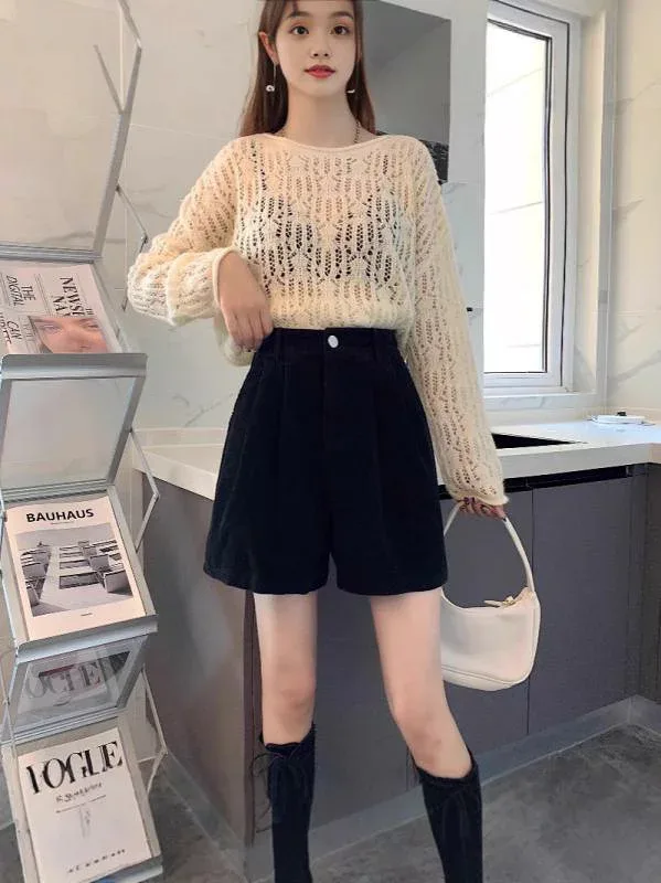 ショートパンツ コーデュロイ ハイウエスト カジュアル レディース 秋冬