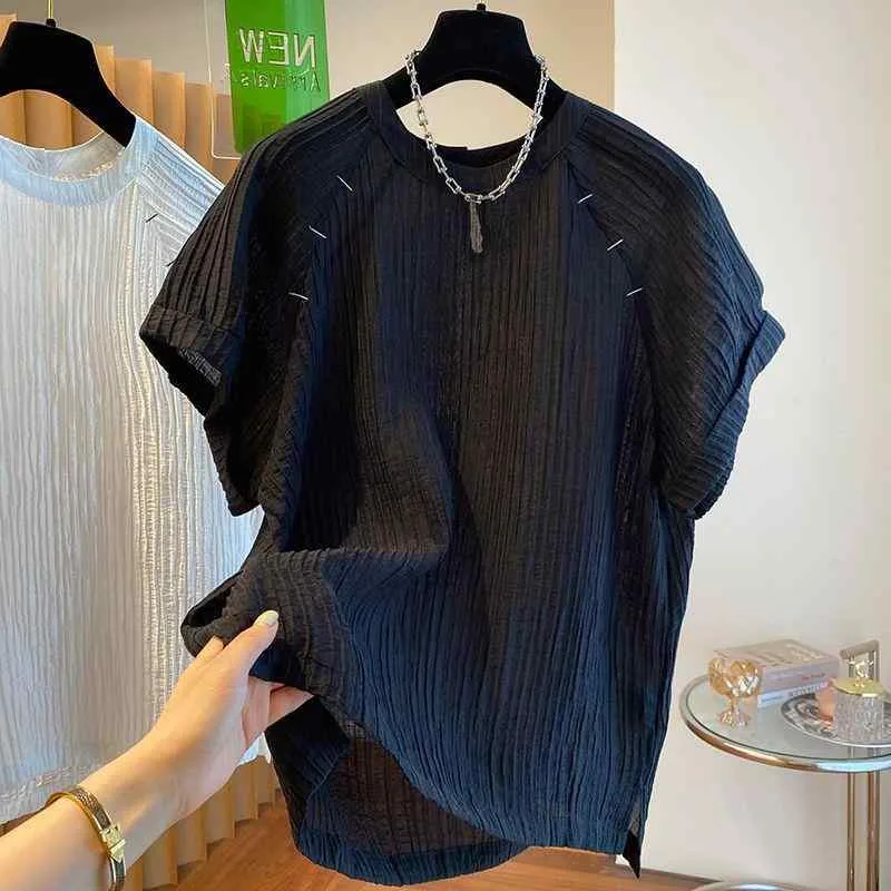 Tシャツ レディース 半袖 カットソー プルオーバー トップス 褶皺 明線 デザイン 落ち感 ドロップショルダー ゆったり 部屋着 ルームウェア カジュアル 伸縮性 ストレッチ ラウンドネック ラウンドネック クルーネック 無地