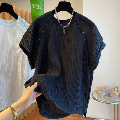 Tシャツ レディース 半袖 カットソー プルオーバー トップス 褶皺 明線 デザイン 落ち感 ドロップショルダー ゆったり 部屋着 ルームウェア カジュアル 伸縮性 ストレッチ ラウンドネック ラウンドネック クルーネック 無地