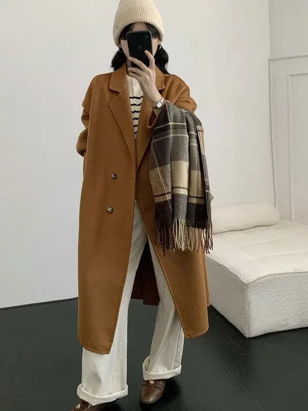 ウールコート レディース ミドル丈 羊毛 ダブルフェイス ゆったり 韓国風 ヘップバーン風 アウター 上着 秋冬