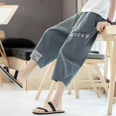 ハーフパンツ メンズ 春夏 綿麻 サルエルパンツ 七分丈 パンツ リネン ビーチパンツ カジュアル ゆったり 大きいサイズ チャイナ風 涼しい 快適 薄手 無地 ウエストゴム おしゃれ 通気性 部屋着 普段着 アウトドア
