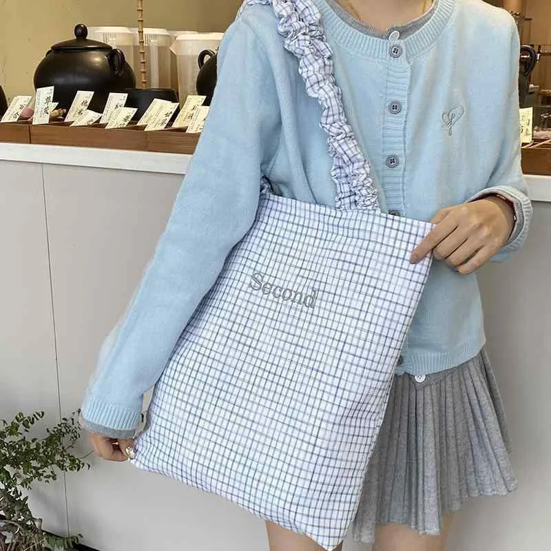 トートバッグ レディース 韓国風 キャンバス 格子柄 大容量 手提げ 鞄 カバン かわいい ガーリー 白 ブルー グリーン ポリエステル 普段使い