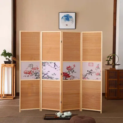 Partition, Stylish, Freestanding, Room Divider, Bamboo Woven Storage, 4 Rows, 180*50*4, Height 180cm, Partition, Screen, Blindfold, Folding, Antique, Canvas, Wooden, Simple, Scandinavian, Type 2, Living Room Ki