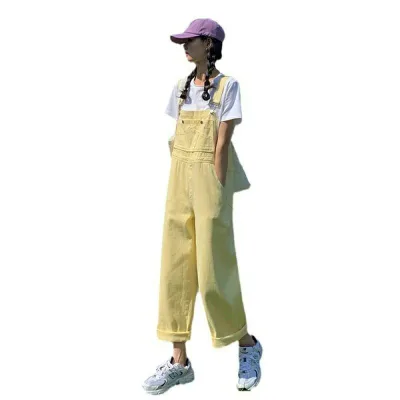オールインワン サロペット レディース ロング丈 イエロー 黄色 デニム パンツ ボトムス パステルカラー カジュアル ルーズ オー