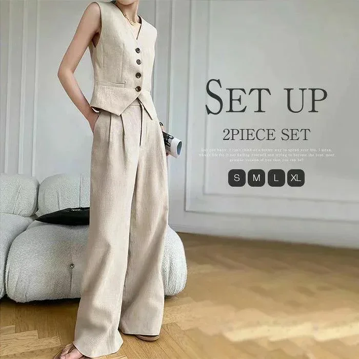 セットアップ レディース ベスト ワイドパンツ 綿麻 ジレ ベスト2点セット パンツスーツ 春 秋 夏 着痩せ シンプル きれいめ お