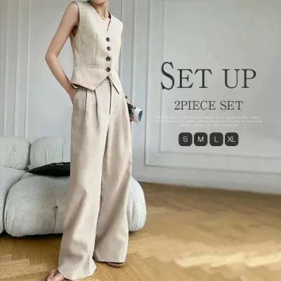 セットアップ レディース ベスト ワイドパンツ 綿麻 ジレ ベスト2点セット パンツスーツ 春 秋 夏 着痩せ シンプル きれいめ お
