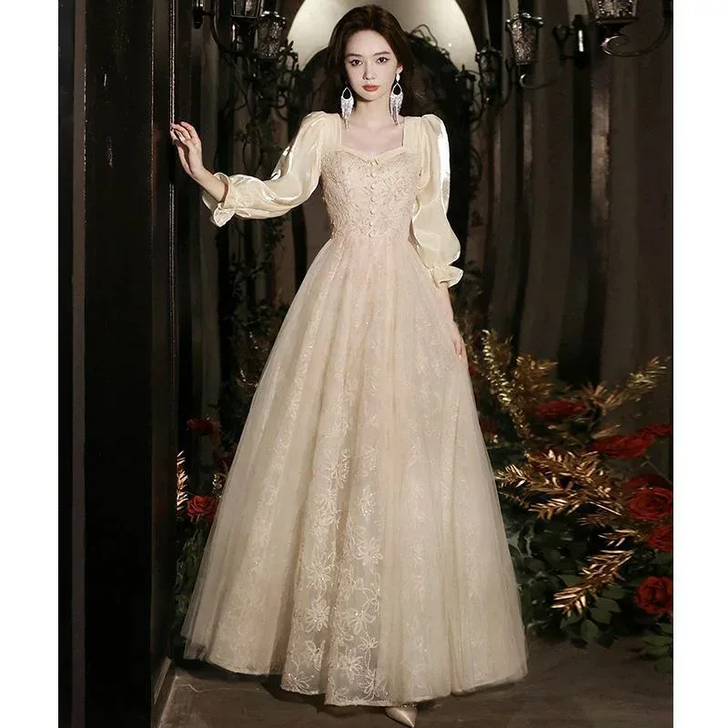 【新品発売期間最大12%割引】S オシャレ 結婚式ドレス 可愛い XL 成人式ドレス 長袖 パーティードレス 刺?花柄 シャンパン色 二次会ドレス パフスリーブ ロングドレス XXL キラキラ イブニングドレス M L 発表会ドレス