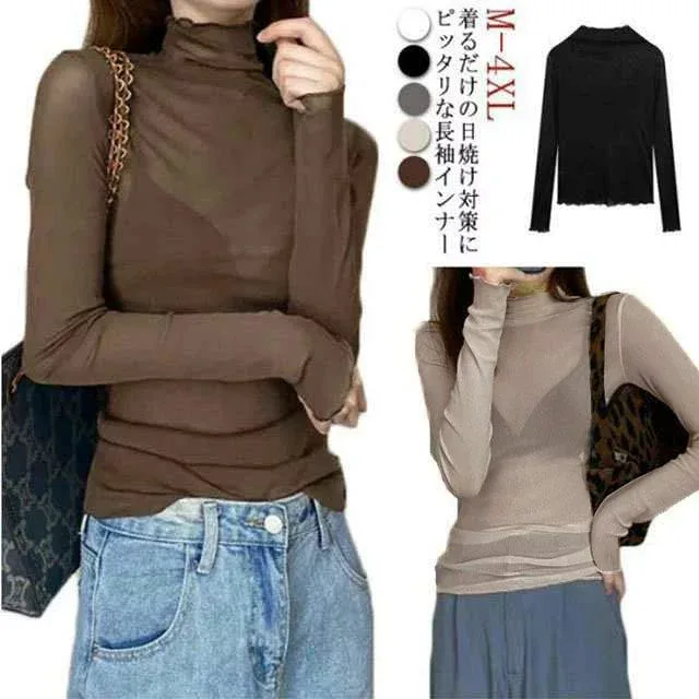 【新品発売期間最大12%割引】ス セクシー シースルー 長袖 接触冷感 ハイネック ス シアー ボトルネック インナー 20代 シアース 薄手 冷房対策 30代 無地 きれいめ 40代 レディース クール冷感 50代 UVカット UV対策 レイヤード ミセス 肌見せ 紫外線対策 大きいサイズ