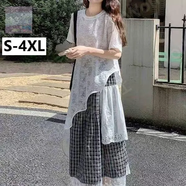 セットアップ レディース 上下セット 大きいサイズ 半袖Tシャツ スカート 春服 夏服 レディースセットアップ 春夏 20代 30代 40代 スカートセットアップ レース チェック柄 涼しい スカート 2点セット きれいめ 大人可愛い 個性的 モード系