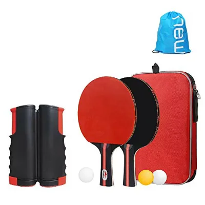 Portable table tennis racket, table tennis net set, 2 rackets, 3 ping pong balls, elastic net, storage bag included, easy and easy installation set