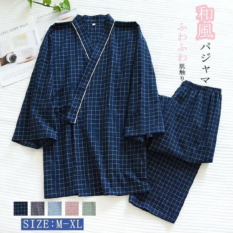 【5と0のつく日は全店P5倍】甚平 レディース メンズ パジャマ 夏 七分袖 長ズボン 前開き ルームウェア ガーゼ 寝巻き 春 綿 チェック柄 部屋着 上下セット お祭り 花火大会 カップル おし 寝間着 ナイトウエア