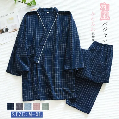 【5と0のつく日は全店P5倍】甚平 レディース メンズ パジャマ 夏 七分袖 長ズボン 前開き ルームウェア ガーゼ 寝巻き 春 綿 チェック柄 部屋着 上下セット お祭り 花火大会 カップル おし 寝間着 ナイトウエア