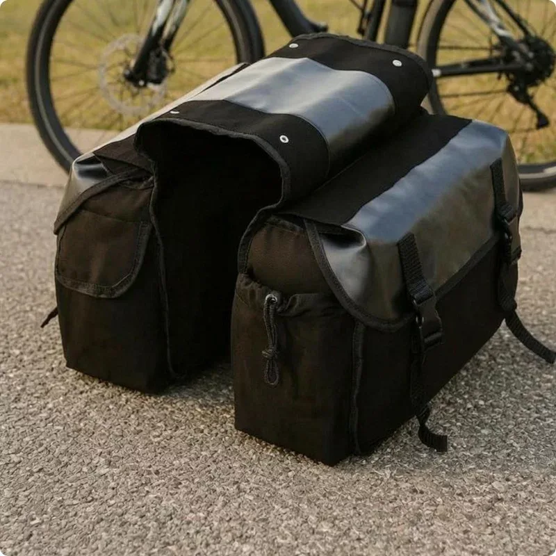 リアパニアバッグ.サイドポケット.ダブルパニアバッグ.バックル留め.自転車ラックパニア.ブラック