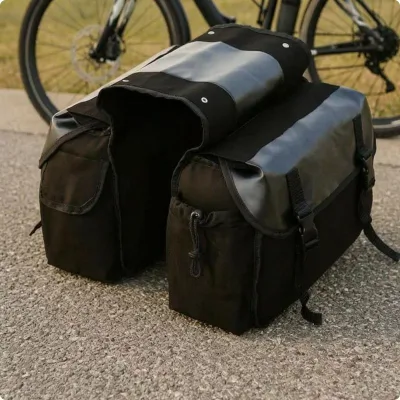 リアパニアバッグ.サイドポケット.ダブルパニアバッグ.バックル留め.自転車ラックパニア.ブラック
