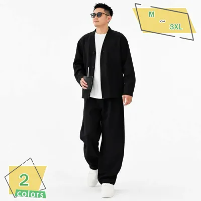 メンズ セットアップ カジュアル スーツ 上下 セット 長袖 ノーカラー シャツ ジャケット ワイド パンツ ロングパンツ 部屋着 ルームウェア 春秋 2点 大きいサイズ ゆったり