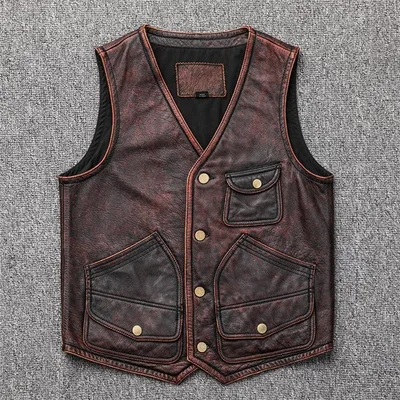 Spring/Summer/Autumn/Winter Genuine Leather Vest Men's Leather Vest Cowhide Gilet Vest Vest Open Front Waistcoat Motorcycle Vest Commuting Casual Formal