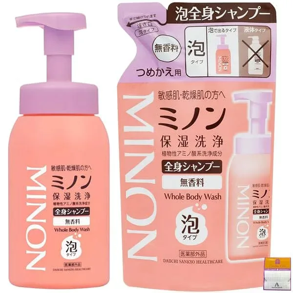 【2点セット】ミノン 全身シャンプー 泡タイプ 本体500ml + 詰替用 400ml セット 保湿 乾燥対策 弱酸性 低刺激性 Anniversarich プチギフト付
