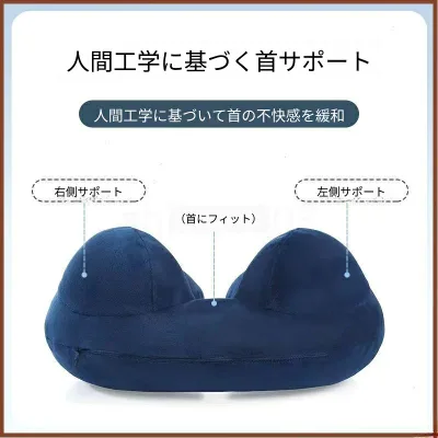 エアーネックピロー U 型 押すだけ 自動膨張 首枕 旅行用 飛行機 新幹線 車 携帯便利 収納袋付き ネッククッション 頚椎サポート ブルー