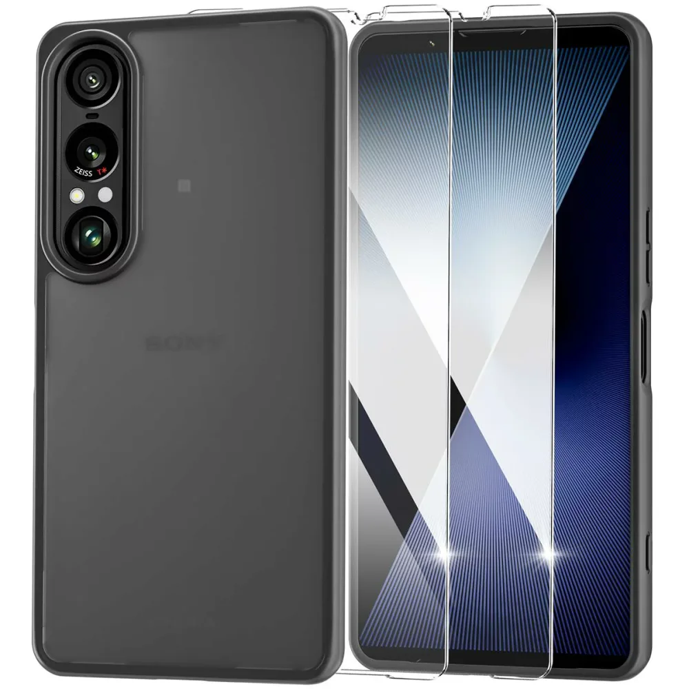 Sony Xperia 1 VII ケース + ガラスフイルム付き(2枚) 半透明 マット感 耐衝撃 SO-51F | SOG15 全面保護 米軍MIL規格 ストラップホール付き 黄変なし 指紋防止 エクスペリア1 VII 対応