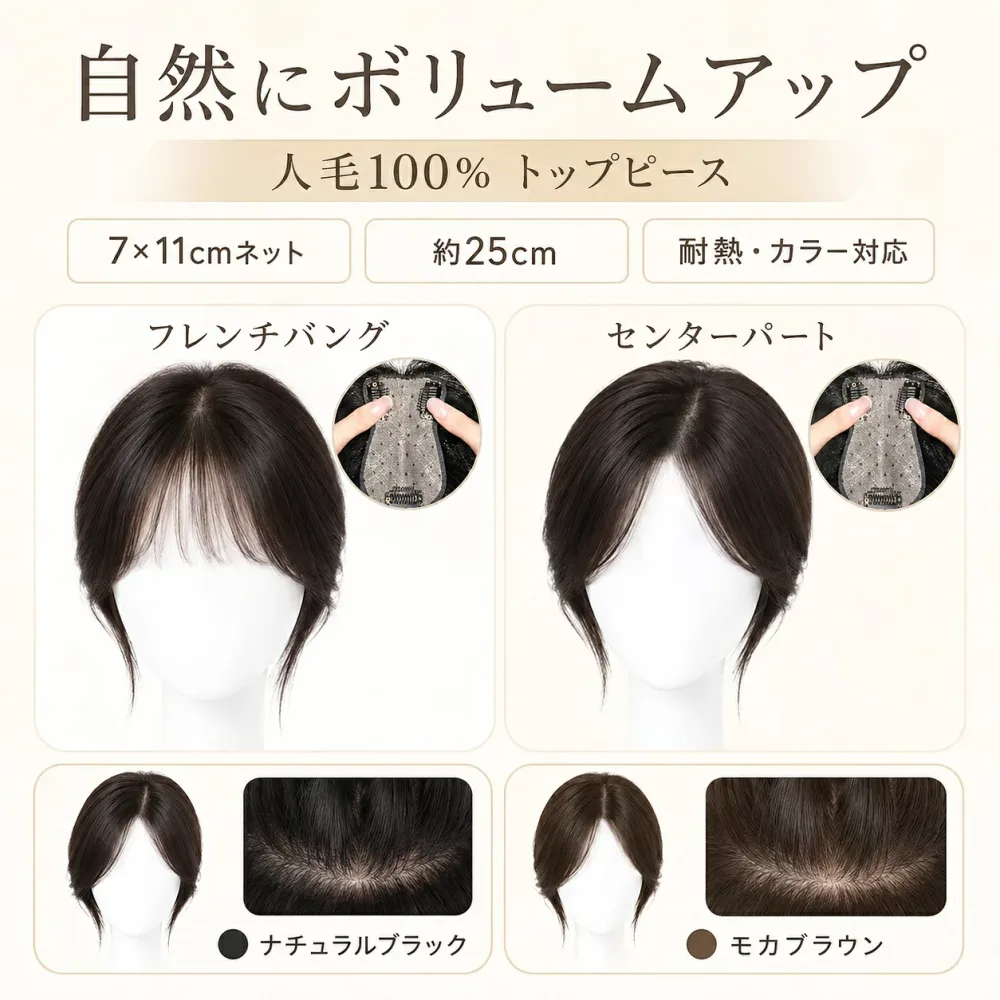 トップピース 部分ウィッグ 前髪ウィッグ 人毛100% レディース 増毛 自然 分け目 頭頂部 白髪 薄毛カバー つむじ かつら 25cm クリップ式 フレンチバング センターパート