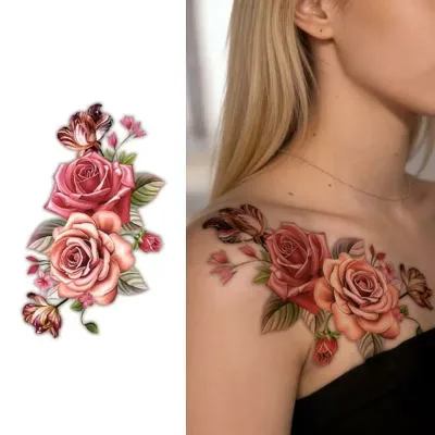 タトゥーシール 花柄 ヴィンテージローズ 薔薇 フェイクタトゥー 14.8cm×21cm 肩 腕 防水・耐久性あり お手軽簡単 (HB-665) 定形外無料 TATOO 入れ墨 フェイク
