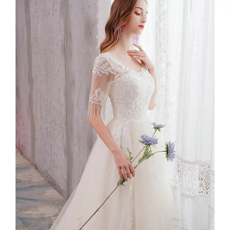 Wedding bride wedding dress half sleeve after-party reception party dress one piece princess dress wedding dress bridal long dress train young lady party dress backless embroidery semi-custom/lace-up