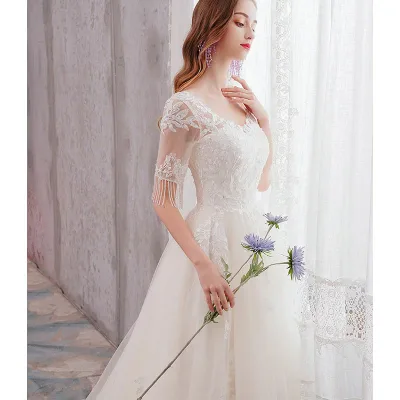Wedding bride wedding dress half sleeve after-party reception party dress one piece princess dress wedding dress bridal long dress train young lady party dress backless embroidery semi-custom/lace-up