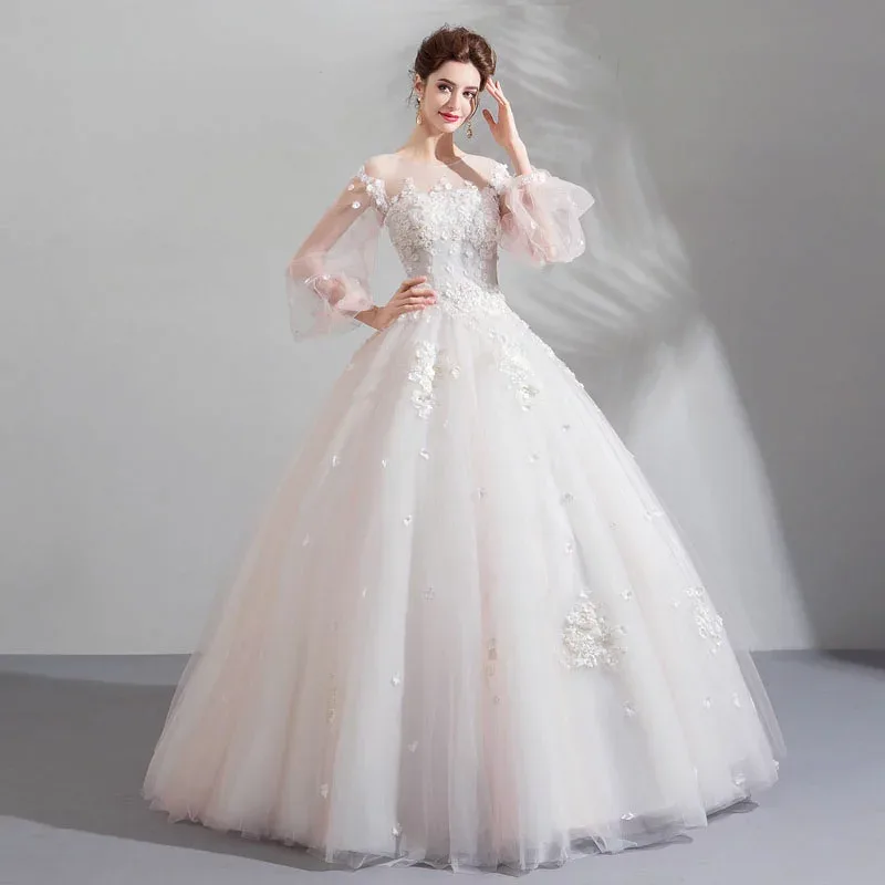 Wedding Bride Wedding Dress Long Sleeve After-Party Wedding Dress Elegant Bridal Party Dress Princess Long Dress Lady Embroidery Reception Overseas Wedding Photography Semi-order/lace-up
