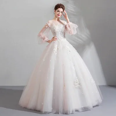 Wedding Bride Wedding Dress Long Sleeve After-Party Wedding Dress Elegant Bridal Party Dress Princess Long Dress Lady Embroidery Reception Overseas Wedding Photography Semi-order/lace-up