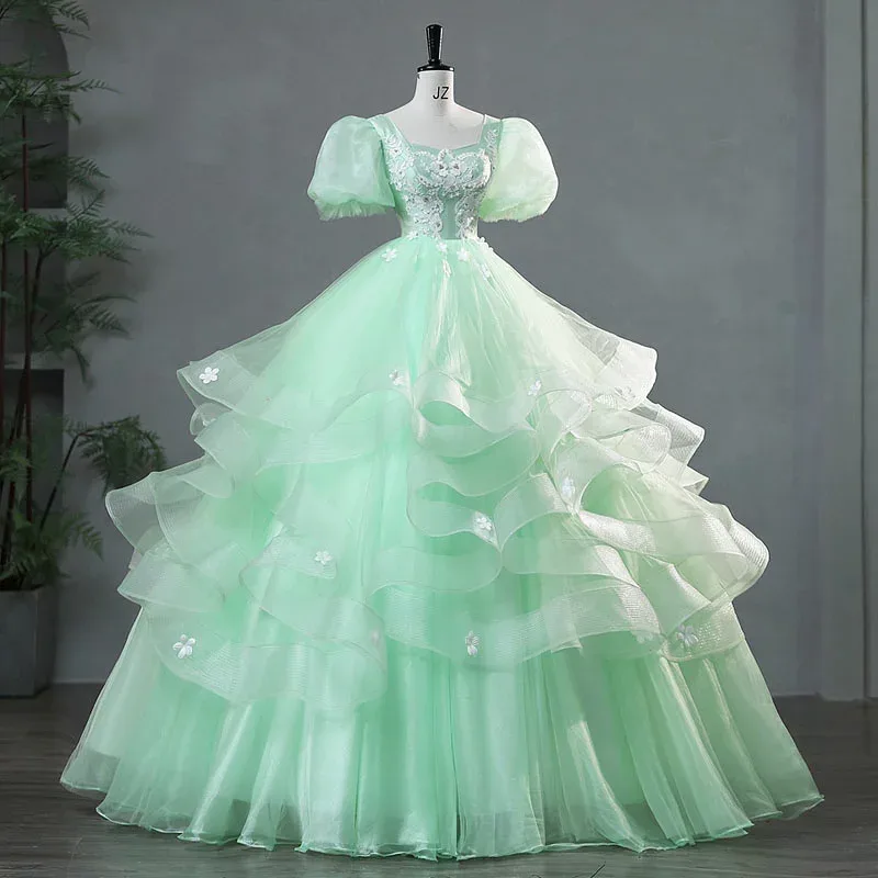 Color dress lace-up green puff sleeve long dress wedding after-party recital concert wedding dress wedding dress bride pre-photo shoot princess dress evening dress concert party dress bridal reception stage costume princess line dress