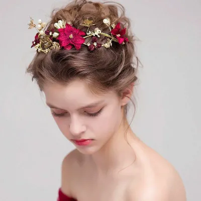 花カチューシャ ヘッドドレス 髪飾り ヘアアクセサリー 花冠 ウェディング 和服 和装 卒業式 袴 着物 小物 ヘッドアクセ 花 赤 ゴールド ティアラ ヘアバンド