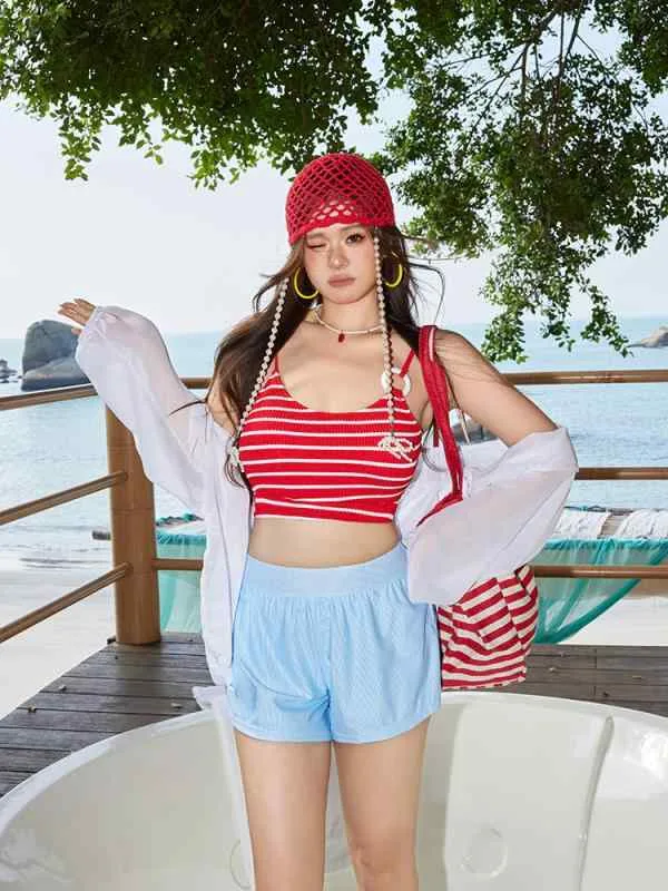水着 レディース 4点セット ラッシュガード ビーチパンツ ストライプ柄 体型カバー 大きいサイズ アウトドア 普段使い スポーティー 日焼け対策