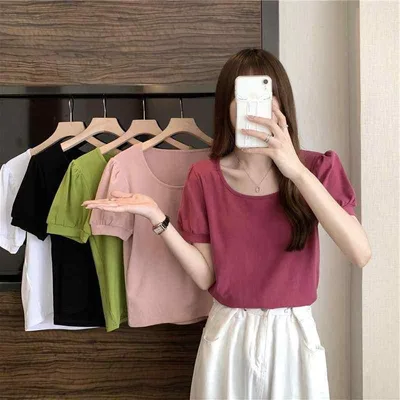 Tシャツ レディース パフスリーブ 半袖 ラウンドネック トップス カットソー フランス風 フィット スリム 見せ効果 学生 通学 カジュアル シンプル きれいめ 無地 春夏