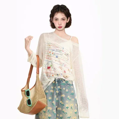 Tシャツ レディース 春夏 長袖 透け感 薄手 オフショルダー プリント デザイン感 日焼け防止 トップス