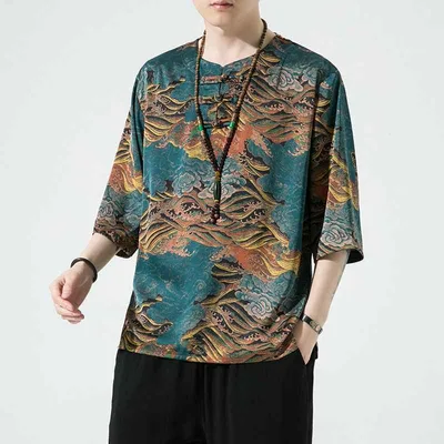 Tシャツ メンズ チャイナ服 漢服 半袖 五分袖 接触冷感 ゆったり 大きいサイズ カジュアル トップス