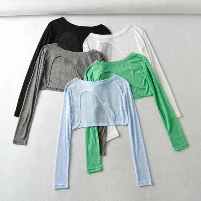 Tシャツ レディース 長袖 ショート丈 トップス 薄手 UVカット 日焼け対策 接触冷感 羽織り カーディガン レイヤード 重ね着 クロップド丈 スリム おしゃれ カジュアル 春夏