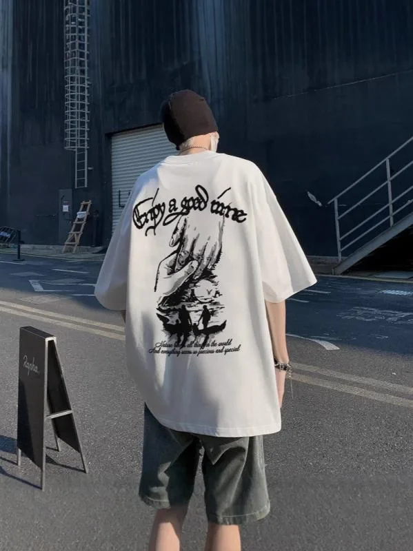 Tシャツ メンズ レディース カットソー トップス 七分袖 ビッグシルエット 重磅 欧米 ストリート系 街頭 英語ロゴ グラフィティ柄 カジュアル オールシーズン