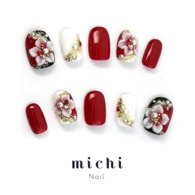華美ネイル(深紅) ネイルチップ ミチネイル ネイル つけ爪 ハンドメイドネイル ショートネイル ニュアンスネイル ブライダルネイル 成人式ネイル