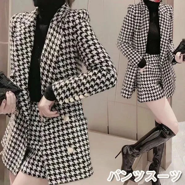 パンツスーツ セットアップ 卒業式 レディース テーラードジャケット ショートパンツ 千鳥格子 アウター ガウチョパンツ 2点セット カジュアル エレガント オフィス 入学式 卒業式 入園式 結婚式 セレモニースーツ ママスーツ 母 体型カバー