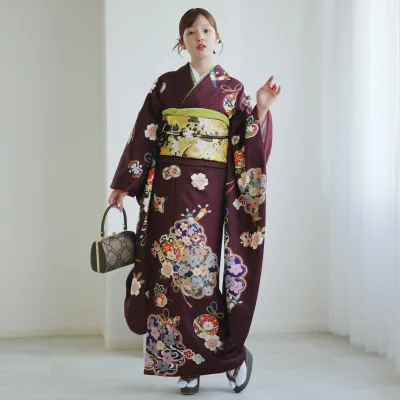 【レンタル】【振袖 正絹着物+袋帯 21点セット 絵羽 ボルドーに古典花結び】着物セット 女性 成人式 結婚式 前撮り 20歳 20才 二十歳 二十才 はたち 正装 和装 フォーマル 晴れ着 記念撮影 足袋プレゼント 往復送料無料