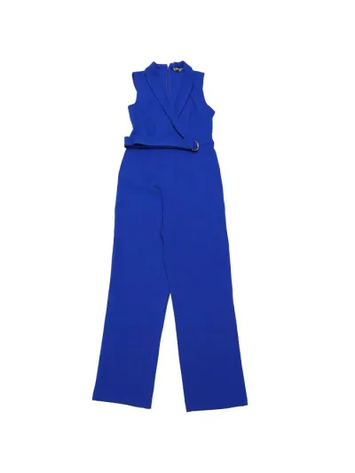 Allegra K ジャンプスーツ ロンパース サロヘ゜ットパンツ 無地 ノースリーブ Vネック オフィス ベルト付き レディース ロイヤルブルー XS