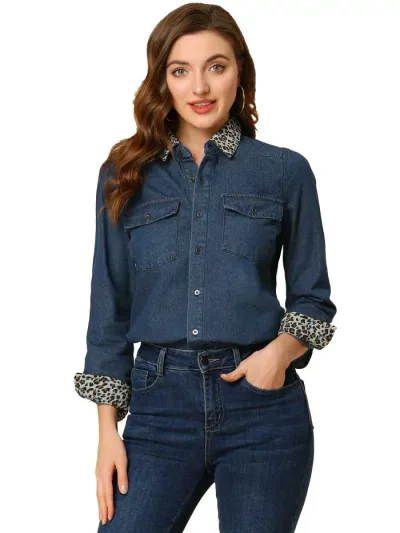 Allegra K デニムシャツ ジャケット トップス ボタンダウン 長袖 胸ポケット ジーンズシャツ ボタンアップ レディース ブルー XS