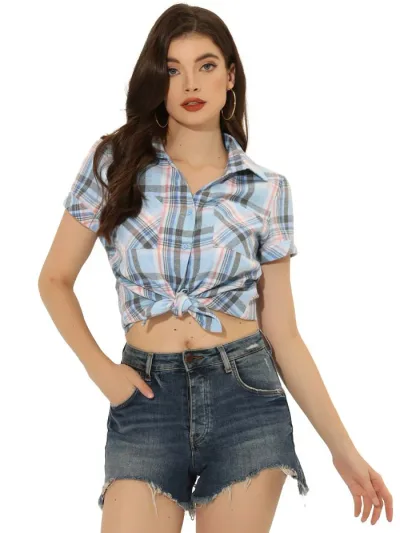 Allegra K Red Check Shirt Short Sleeve Flannel Women's Button Down Casual Summer Light Blue S